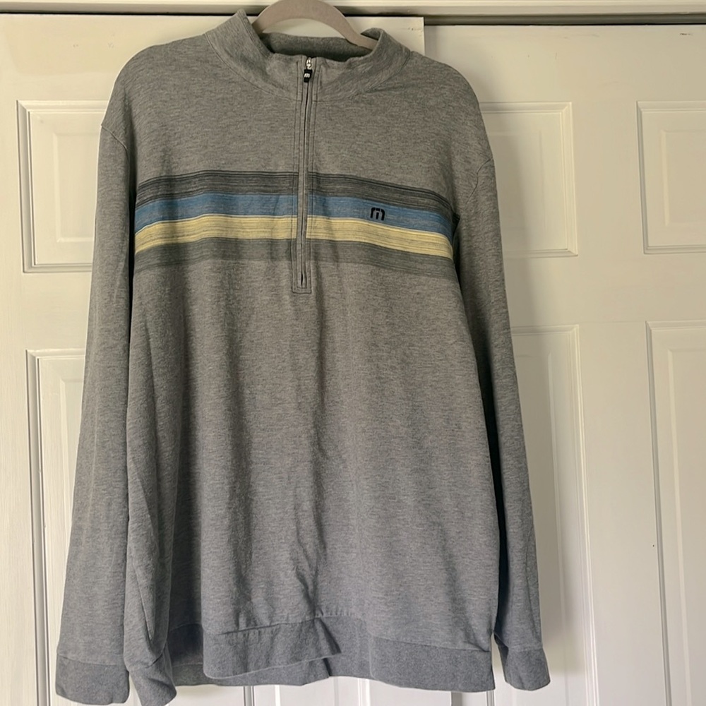 Travis Mathew Gray Long Sleeve Shirt with Blue and Yellow Stripes